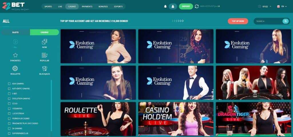 22bet casino non AAMS 2026 interfaccia giochi
