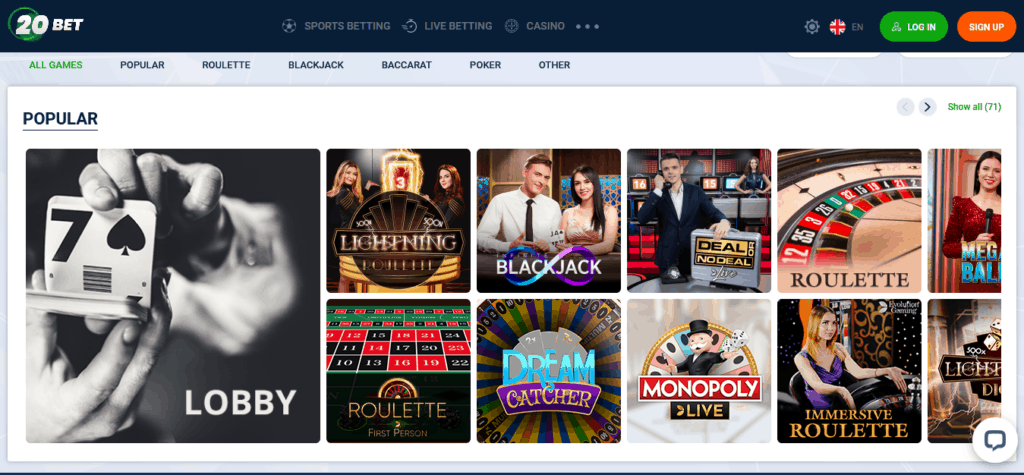 20bet Casinò live