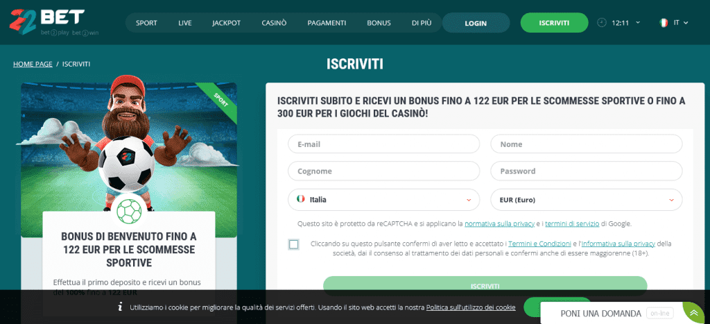 iscrizione 22Bet scommesse