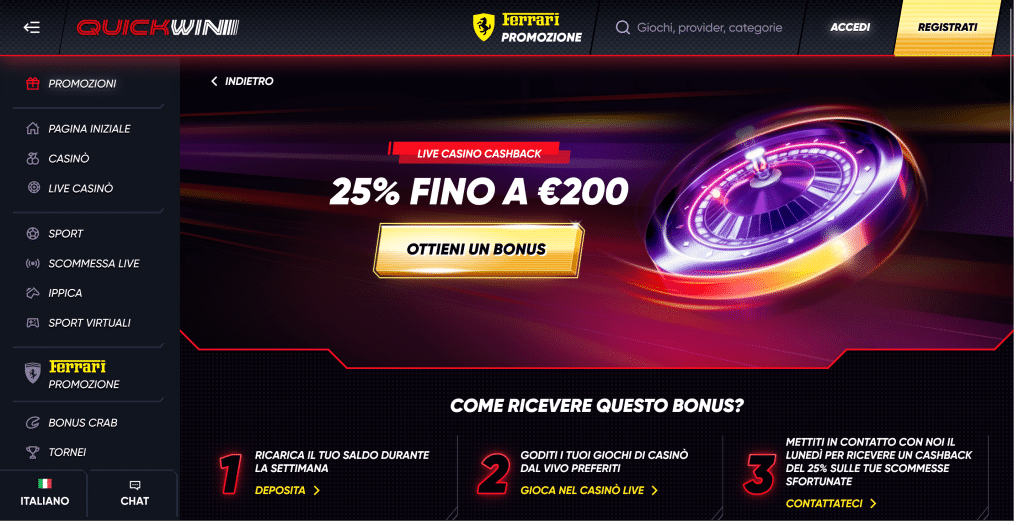 Bonus Cashback Casinò Live QuickWin