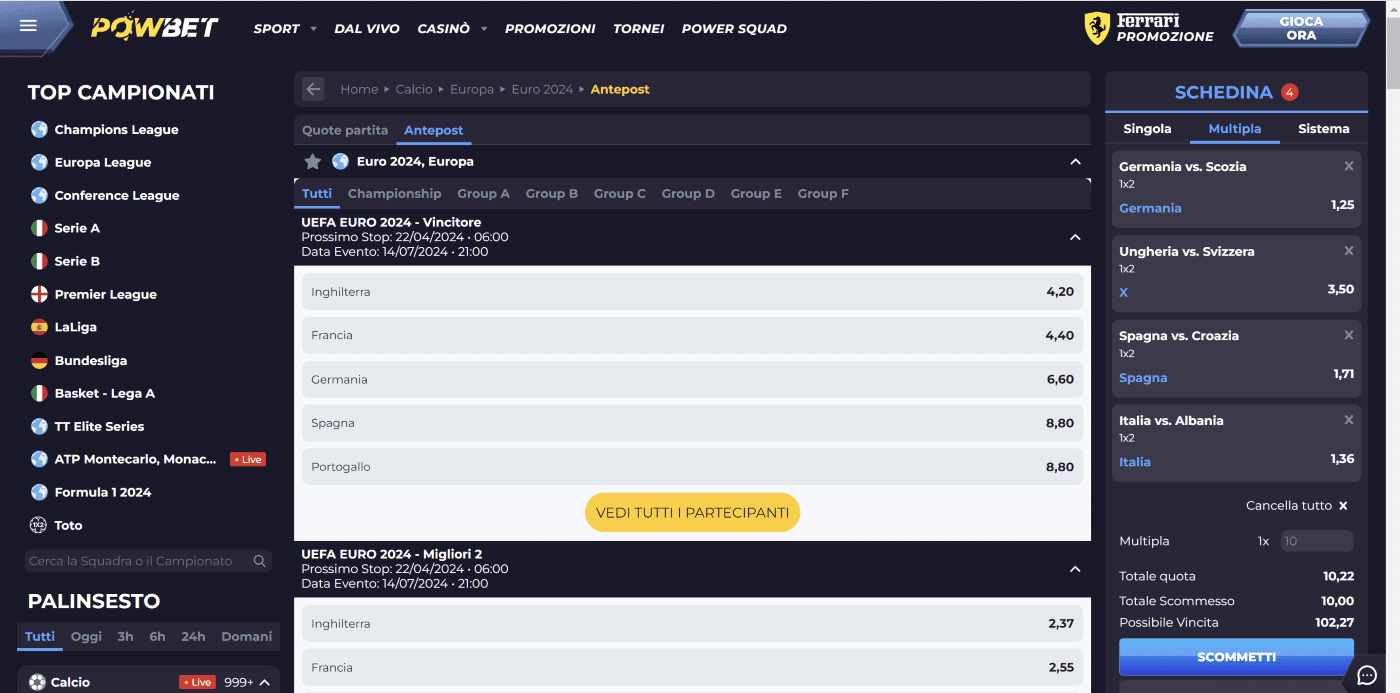 Promozione Powbet: 150€ Bonus Scommesse EURO 2024