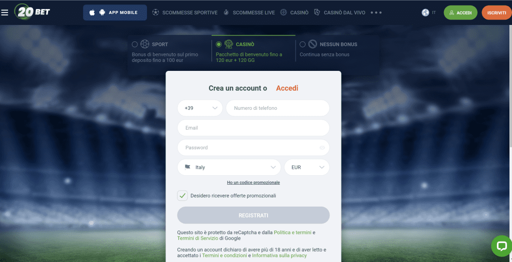 Registrazione 20Bet