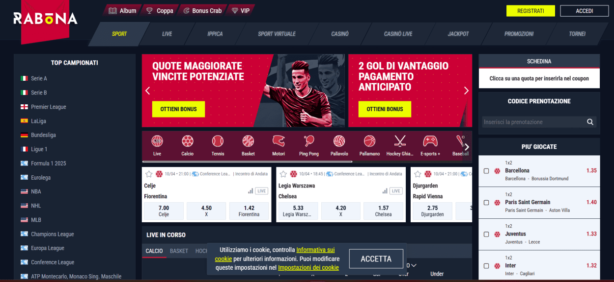 Rabona Bookmaker Non Aams con Bonus fino a 500 €