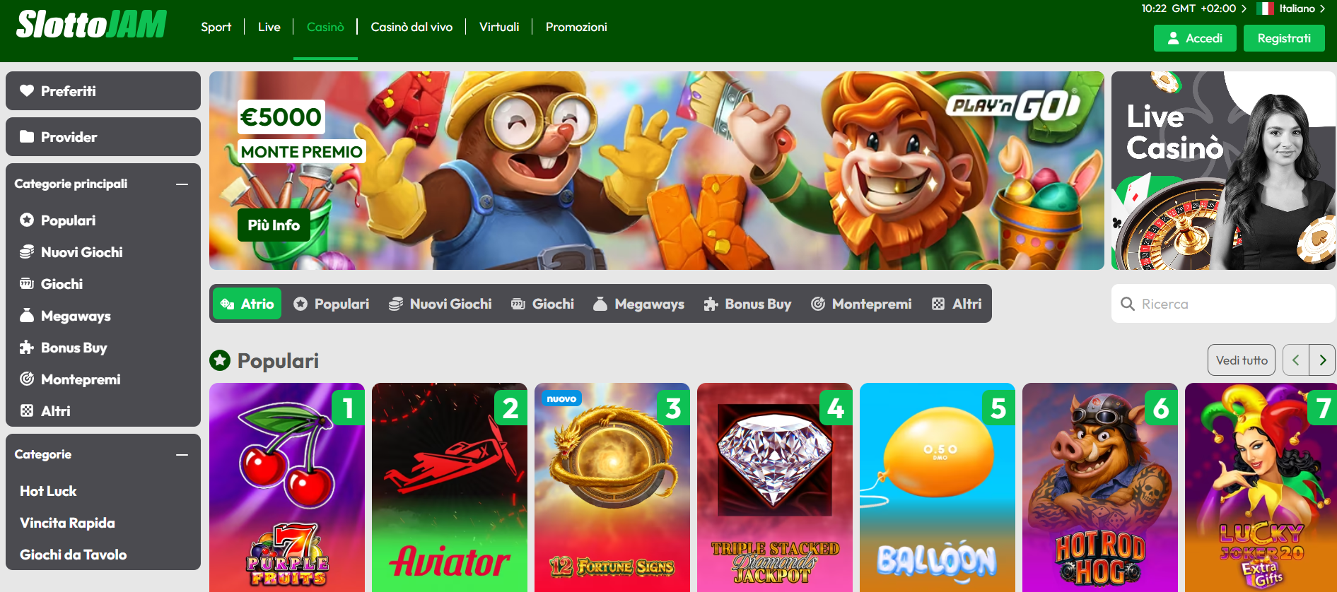 SlotJam casino non AAMS 2026 slot alta volatilità